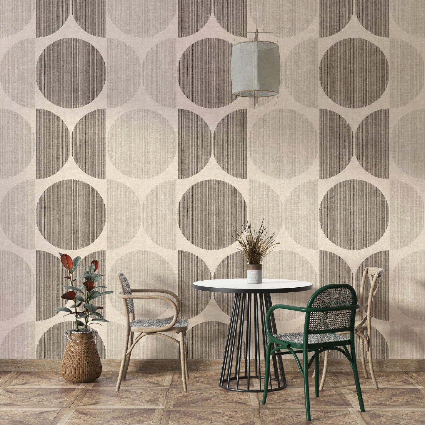 An artistic midcentury pattern mural on minimalist wallpaper.

