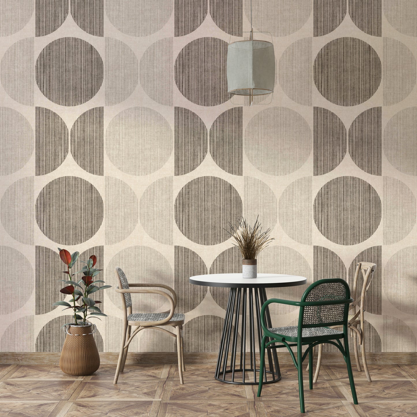 An artistic midcentury pattern mural on minimalist wallpaper.


