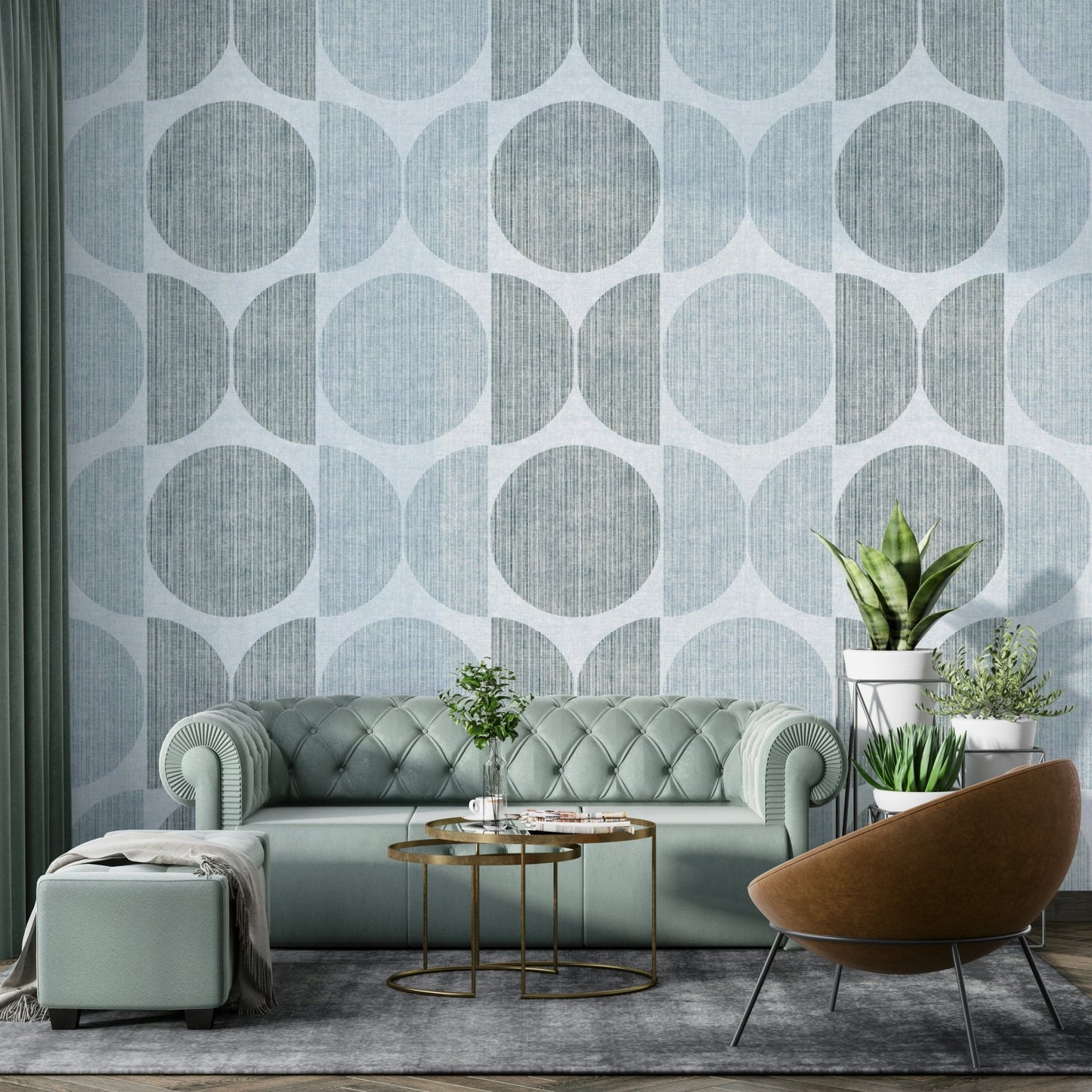 A peaceful geometric abstract mural on decorative wallpaper.


