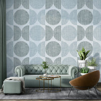 A peaceful geometric abstract mural on decorative wallpaper.

