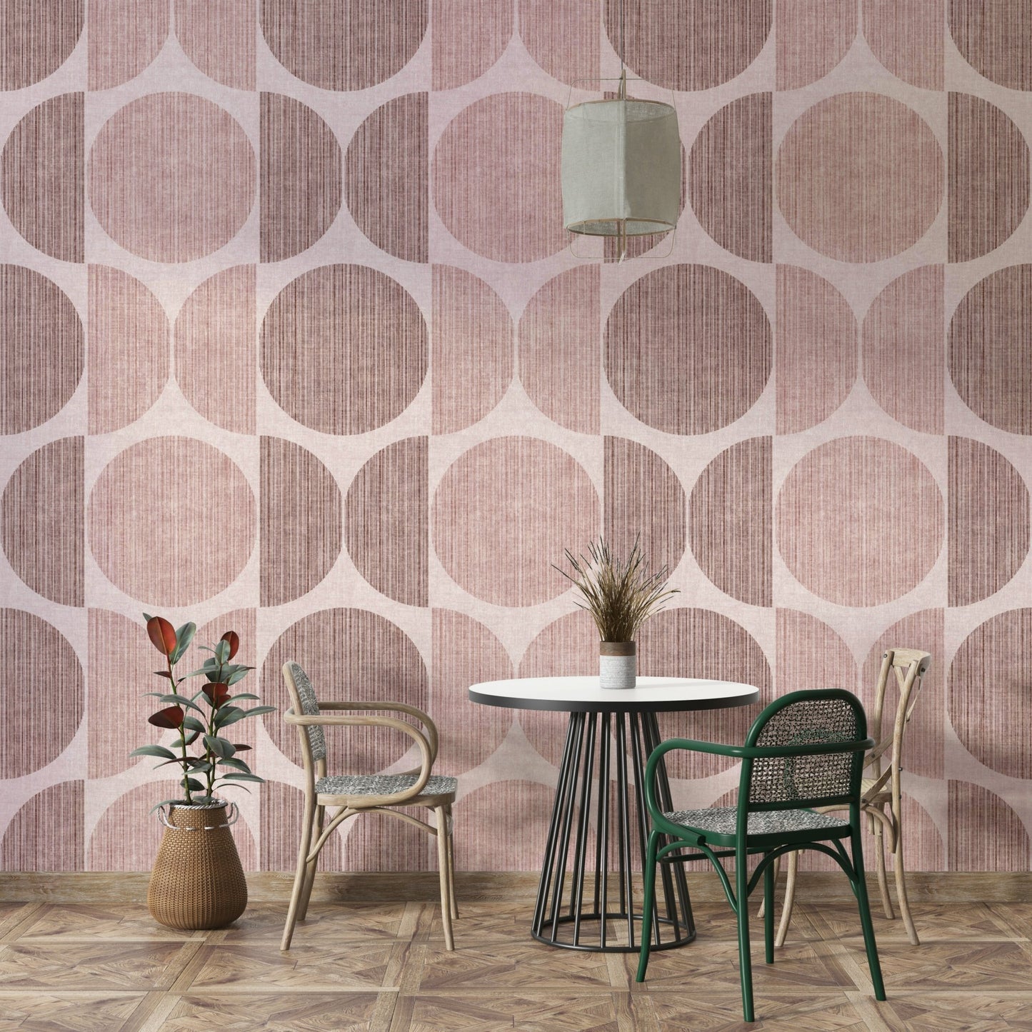 A beautiful playful geometric wall mural for a living room.

