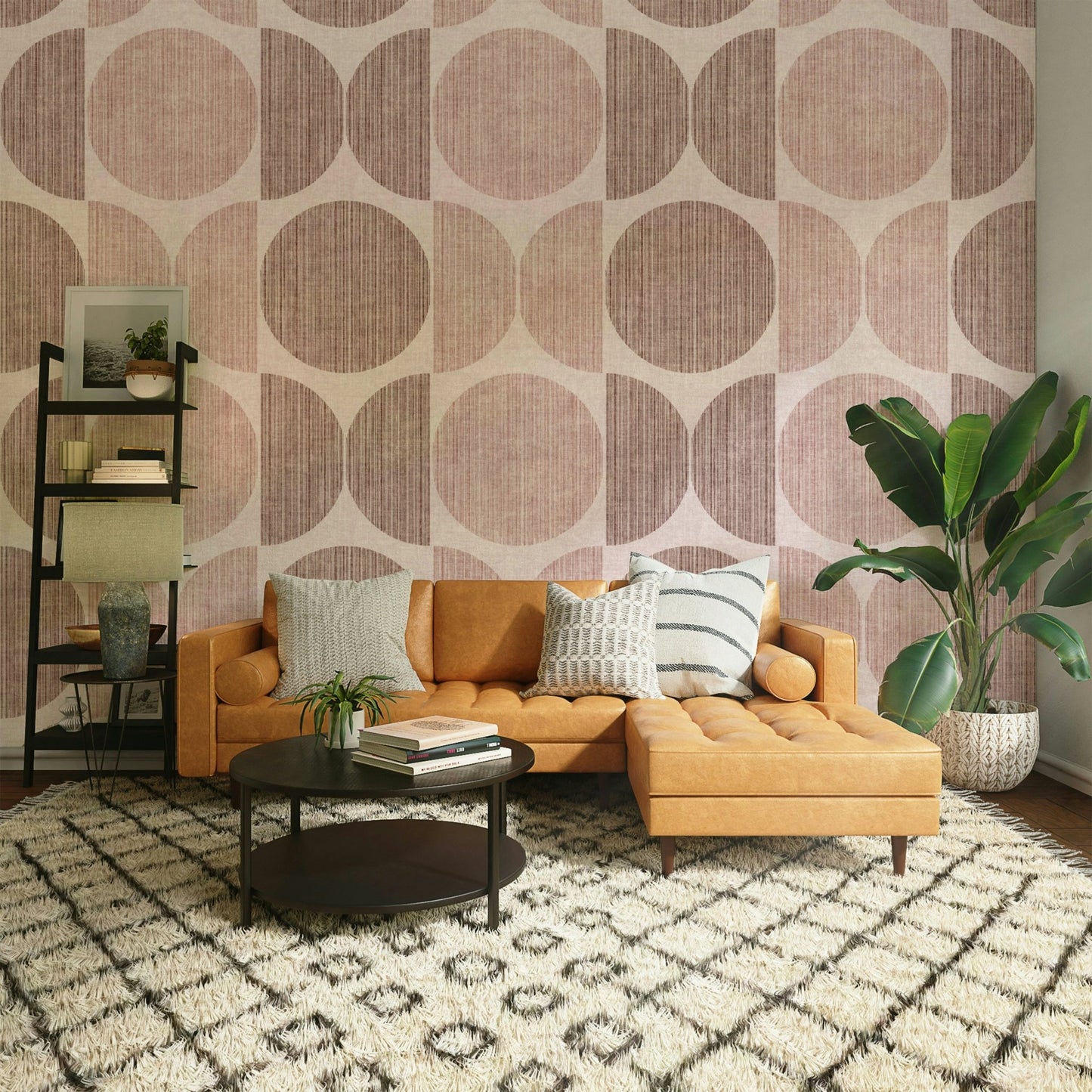 A peaceful geometric abstract mural on decorative wallpaper.

