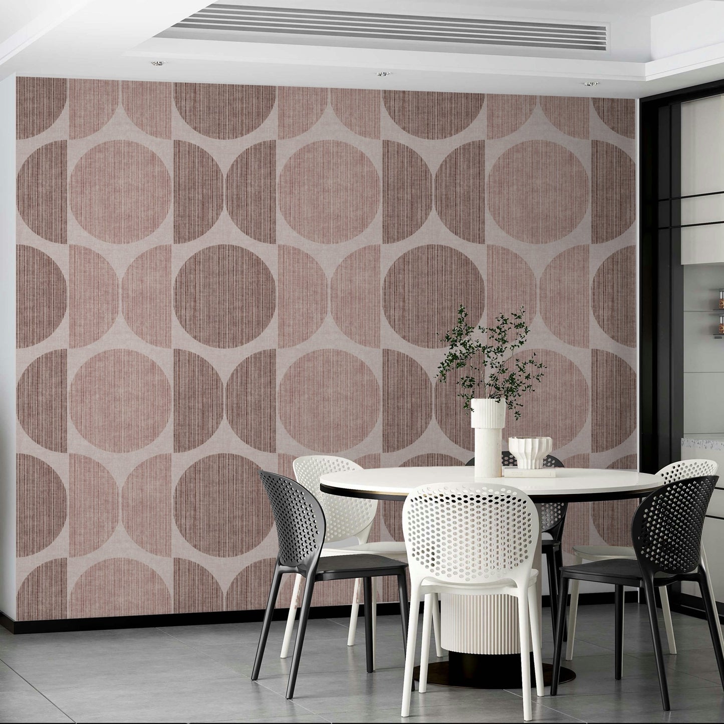 An artistic boho pattern mural on minimalist wallpaper.

