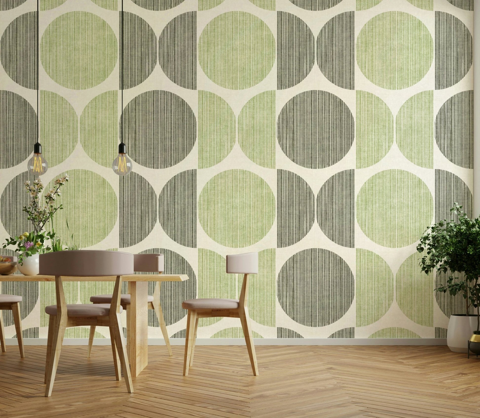 A peaceful geometric abstract mural on decorative wallpaper.

