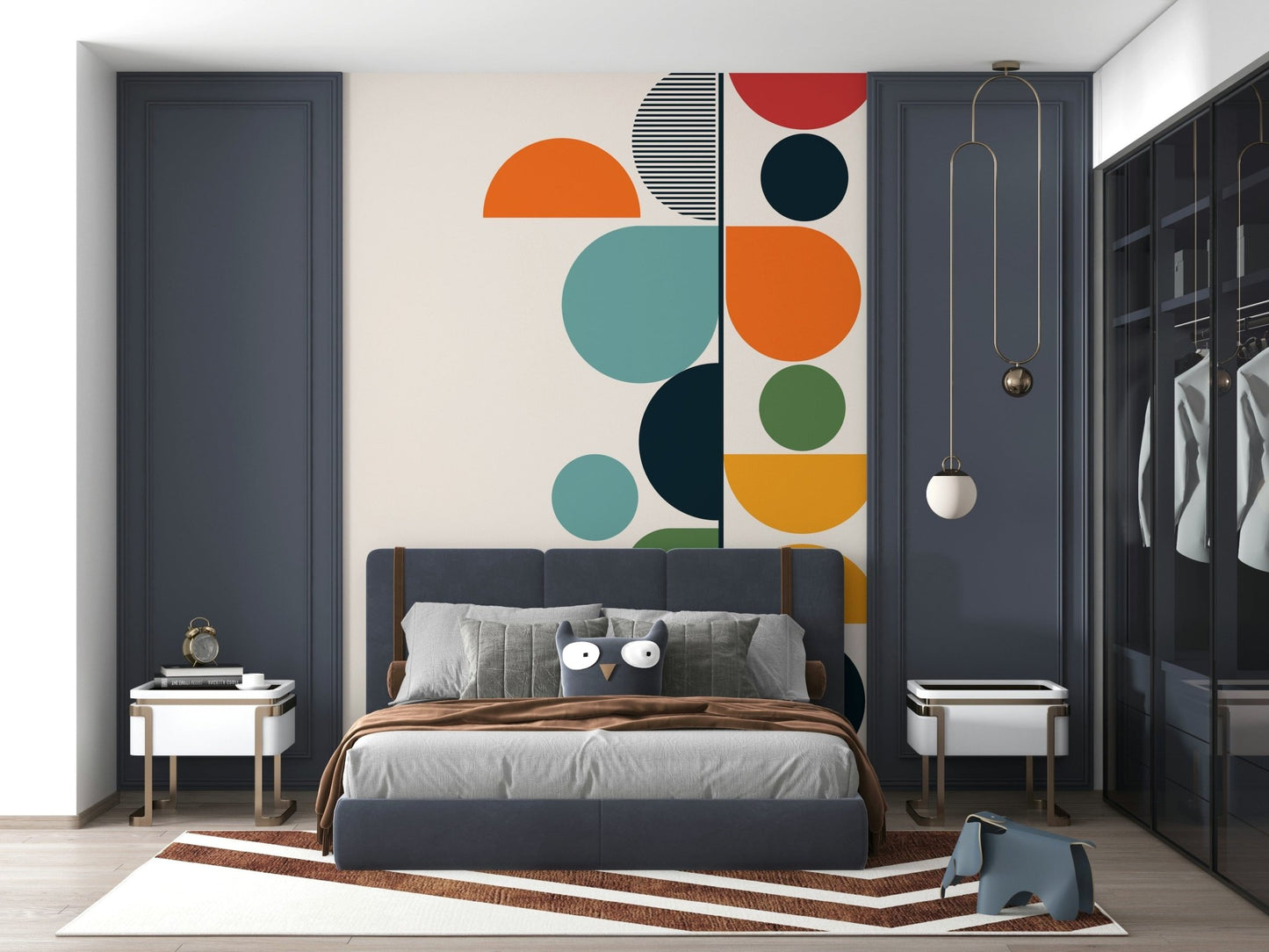 Minimalist Bauhaus art wallpaper mural for a guest room wall décor project.