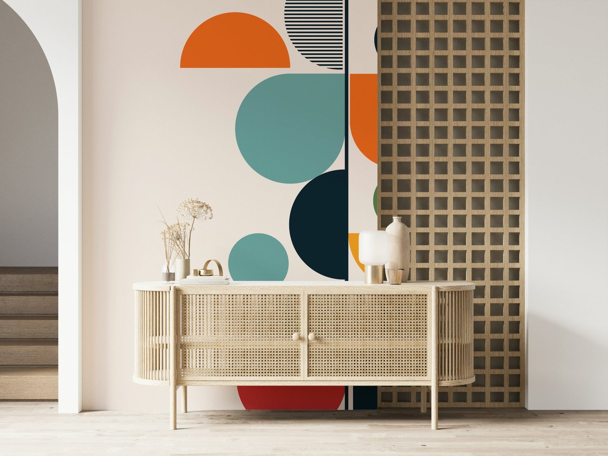 Geometric abstract shapes wallpaper mural with spring colour palette for walls.