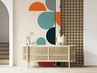 Geometric abstract shapes wallpaper mural with spring colour palette for walls.