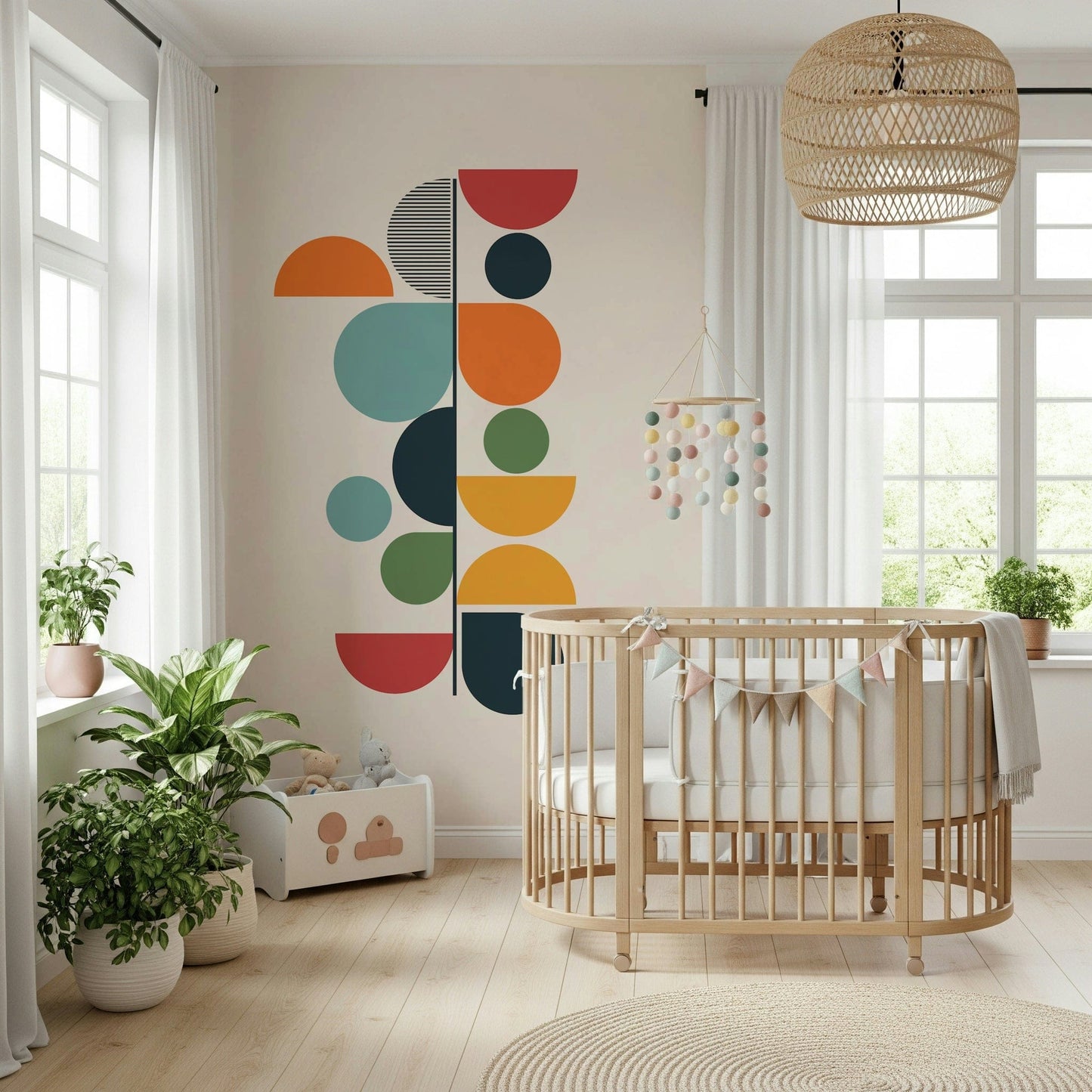 Retro Bauhaus inspired wallpaper mural for a stylish apartment lounge area.