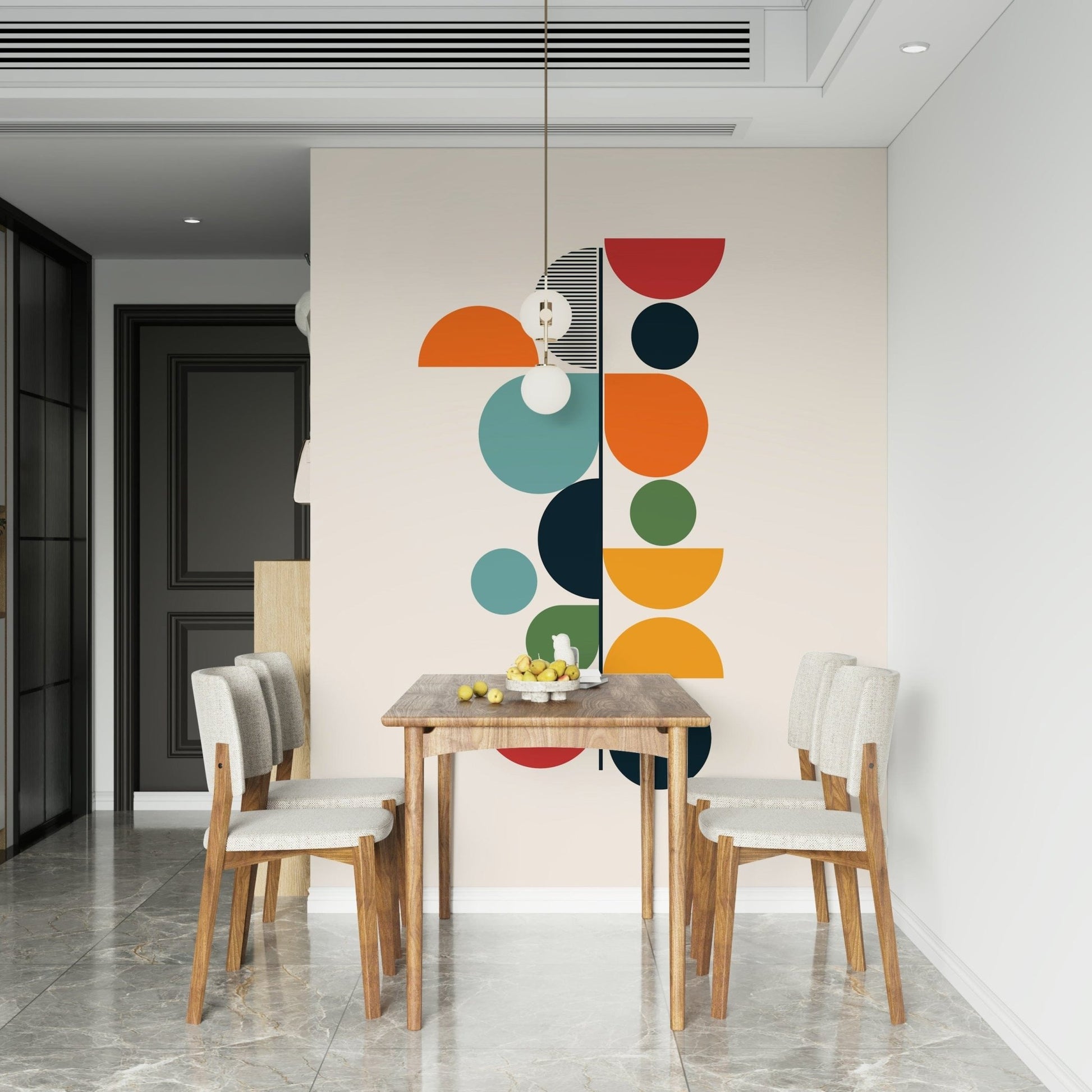 Artistic circles and lines wallpaper mural for a creative dining room space.