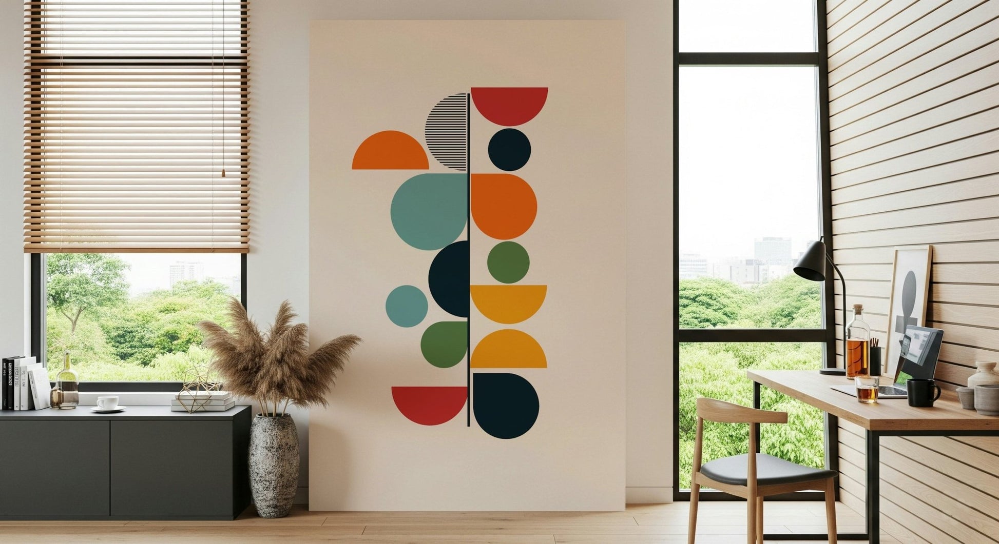 Mid-century style geometric wallpaper mural for a contemporary bedroom wall.