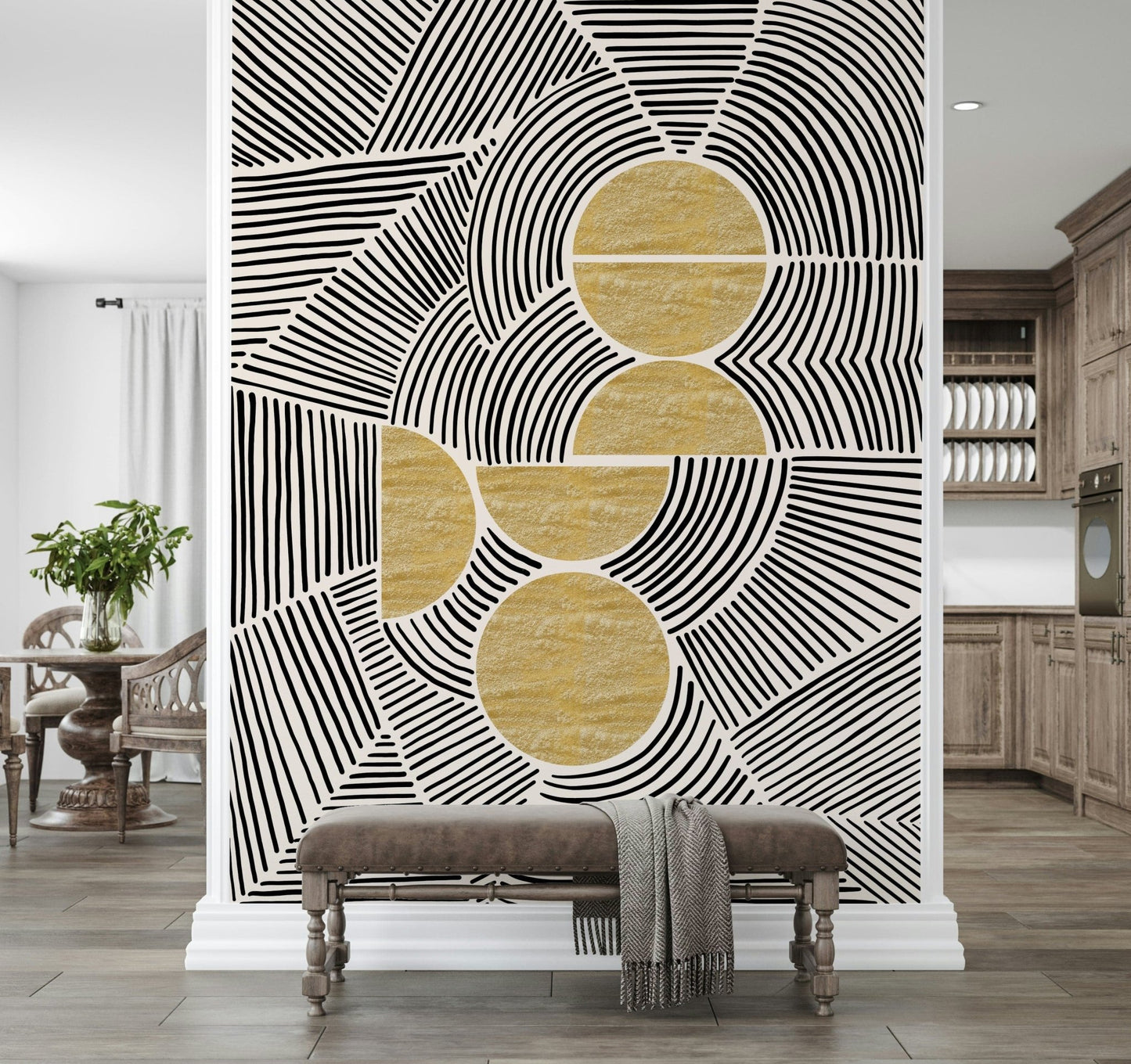 Retro tribal design wallpaper mural for a dining room accent wall., GD7843