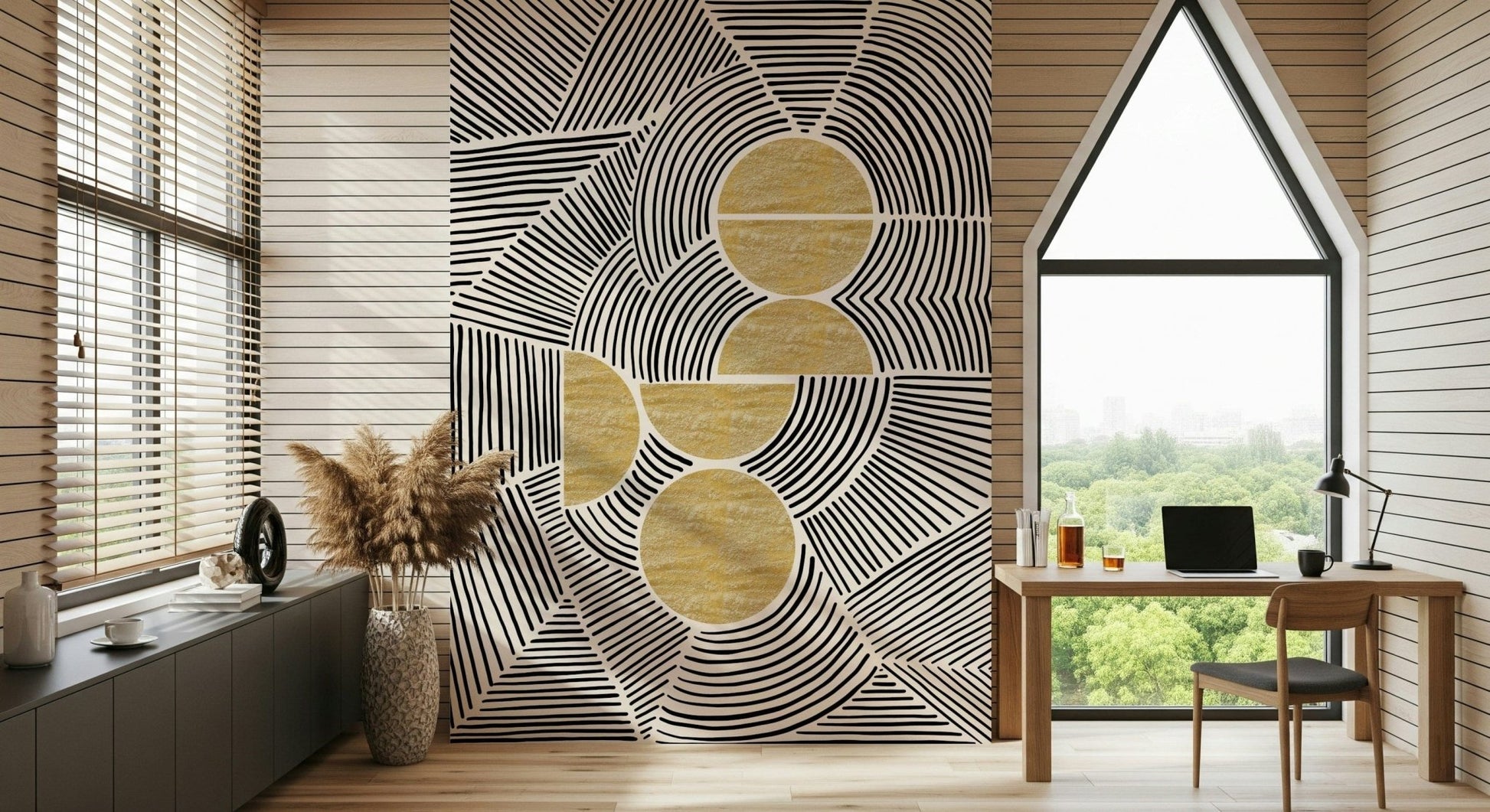 Linear geometric pattern wallpaper mural for a guest room wall décor., GD7843
