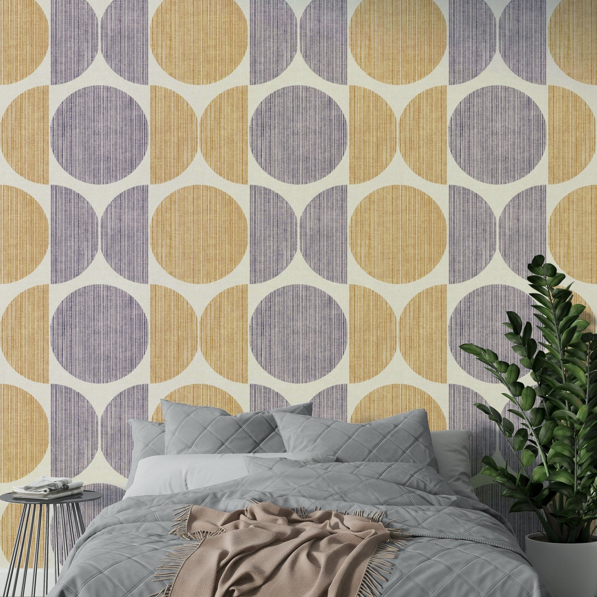 A peaceful geometric abstract mural on decorative wallpaper.

