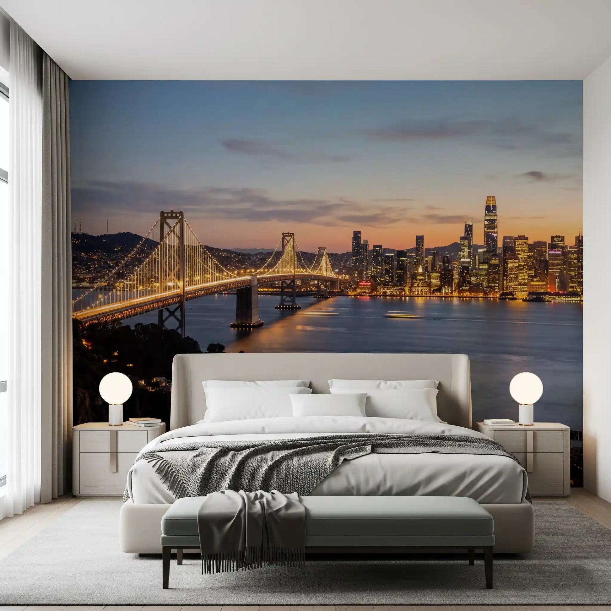 Bay Bridge Evening Majesty wall mural showing San Francisco skyline lights