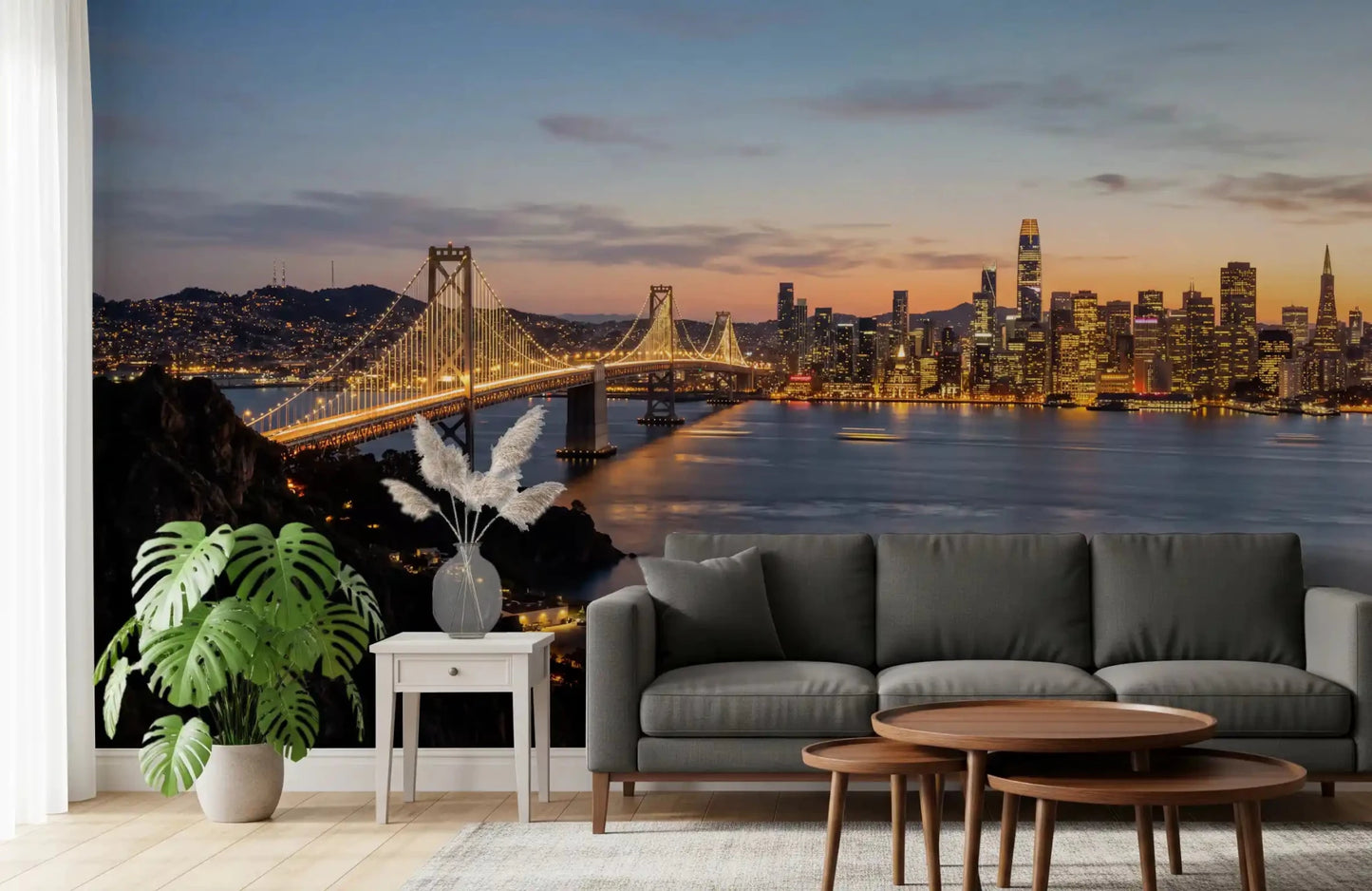 Office setup wall with Bay Bridge Evening Majesty wall mural night skyline