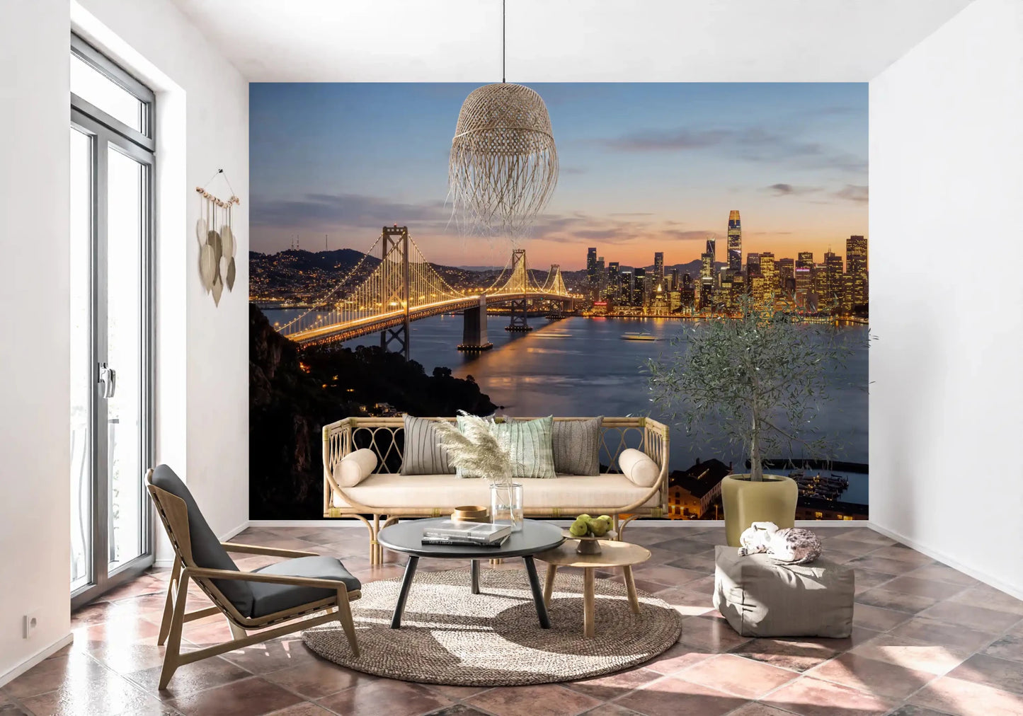 Bay Bridge Evening Majesty wall mural with glowing skyline reflections