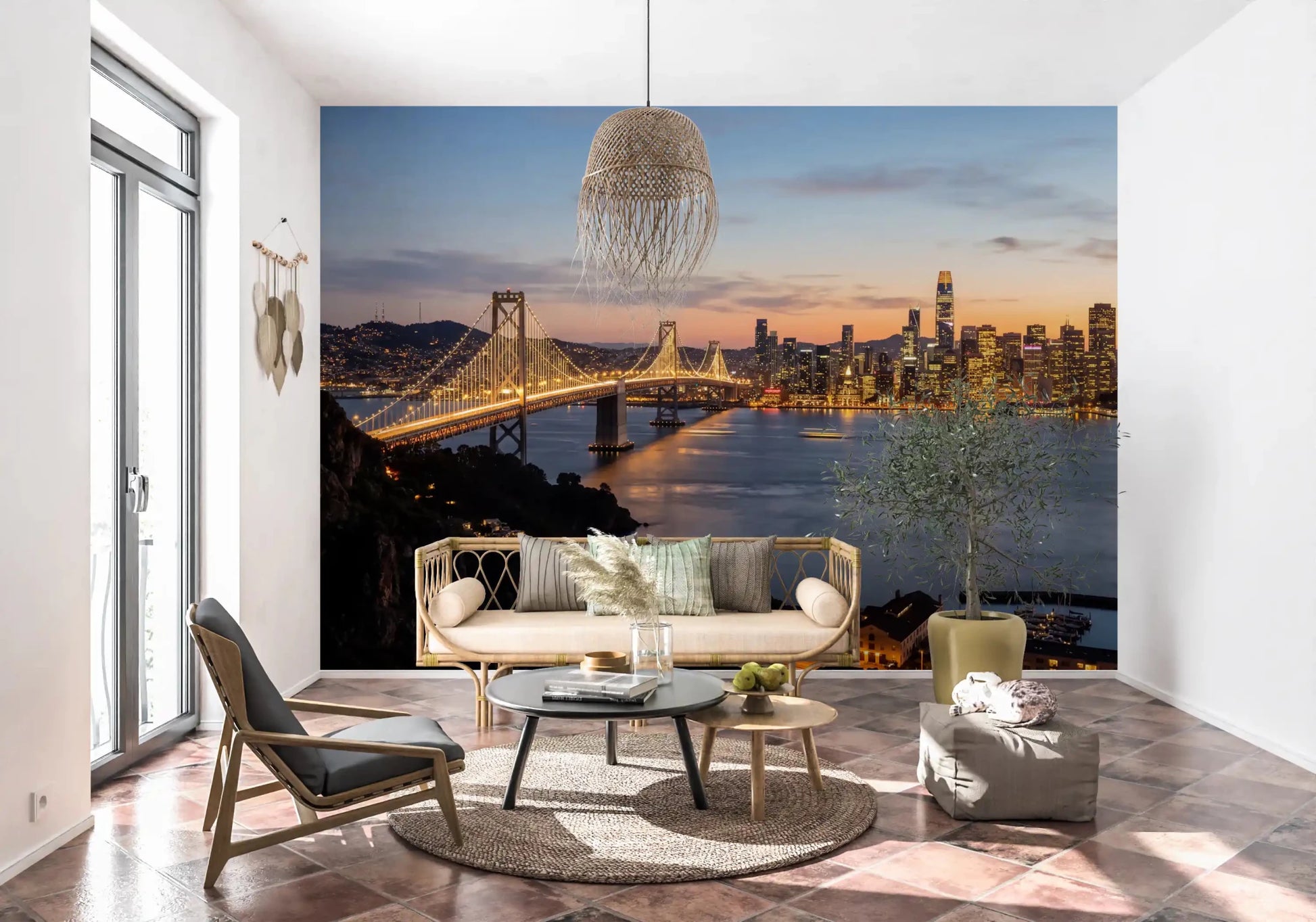 Bay Bridge Evening Majesty wall mural with glowing skyline reflections