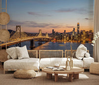 Urban night wall mural with Bay Bridge Evening Majesty waterfront scene