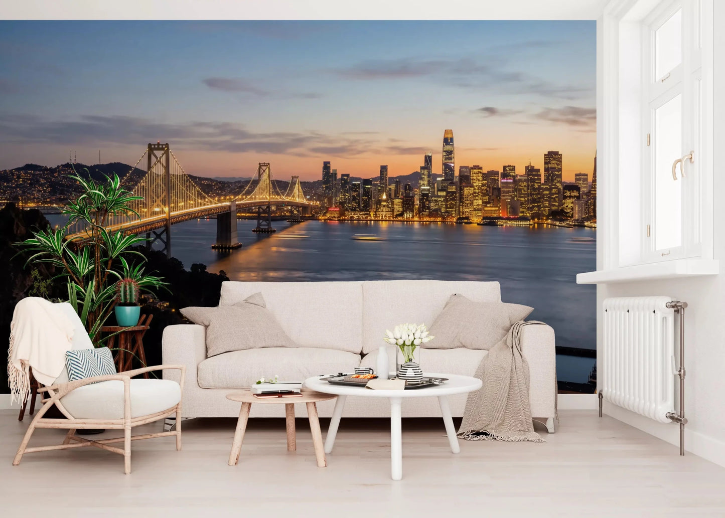 Hallway styled using Bay Bridge Evening Majesty wall mural waterfront view