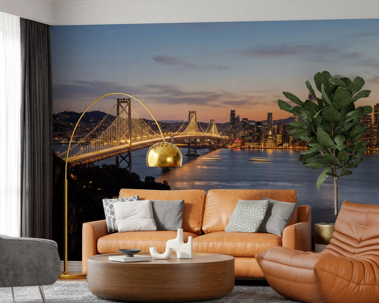 Living room wall with Bay Bridge Evening Majesty wall mural city skyline