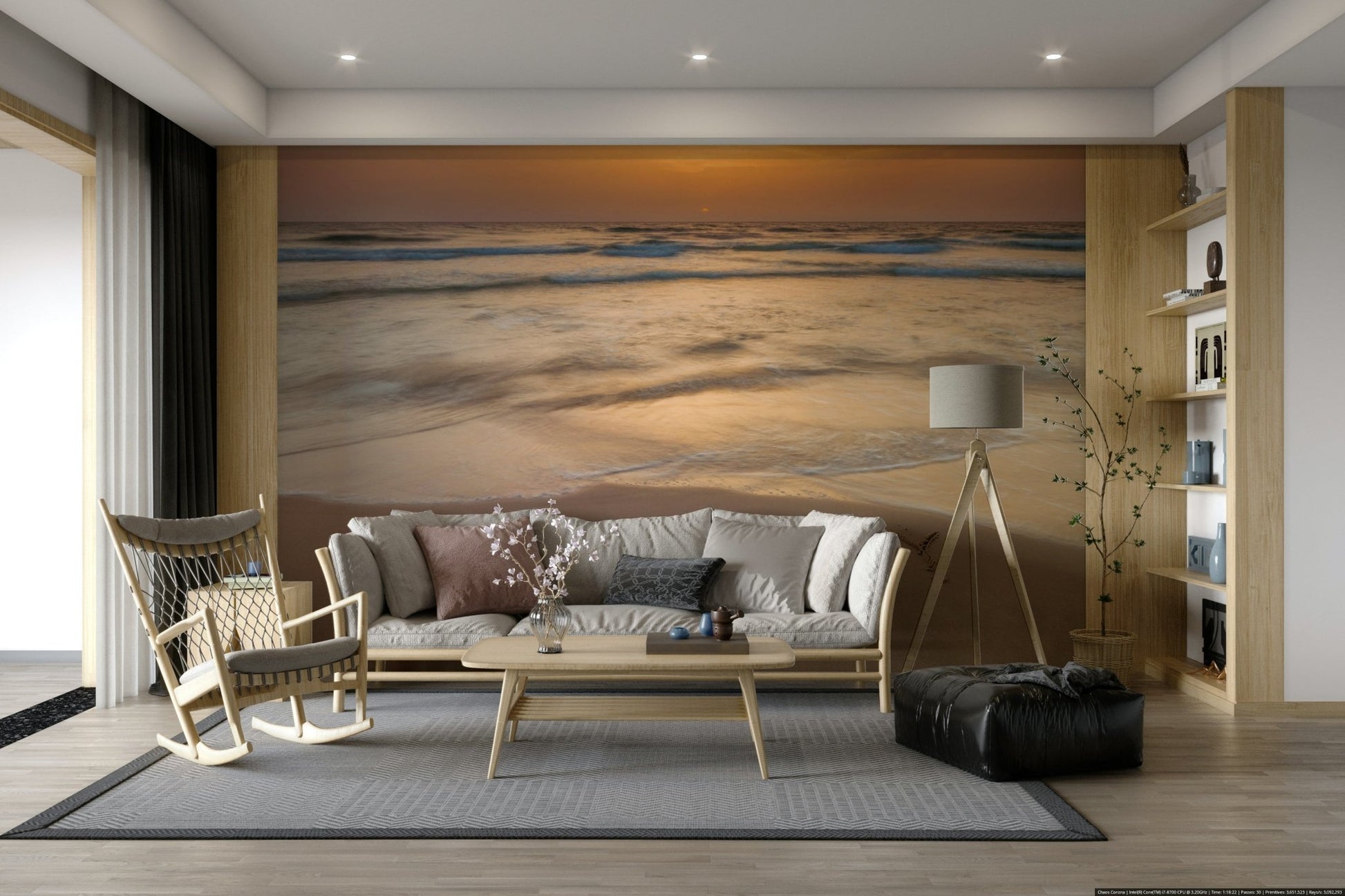 Sunset beach mural with golden tones

