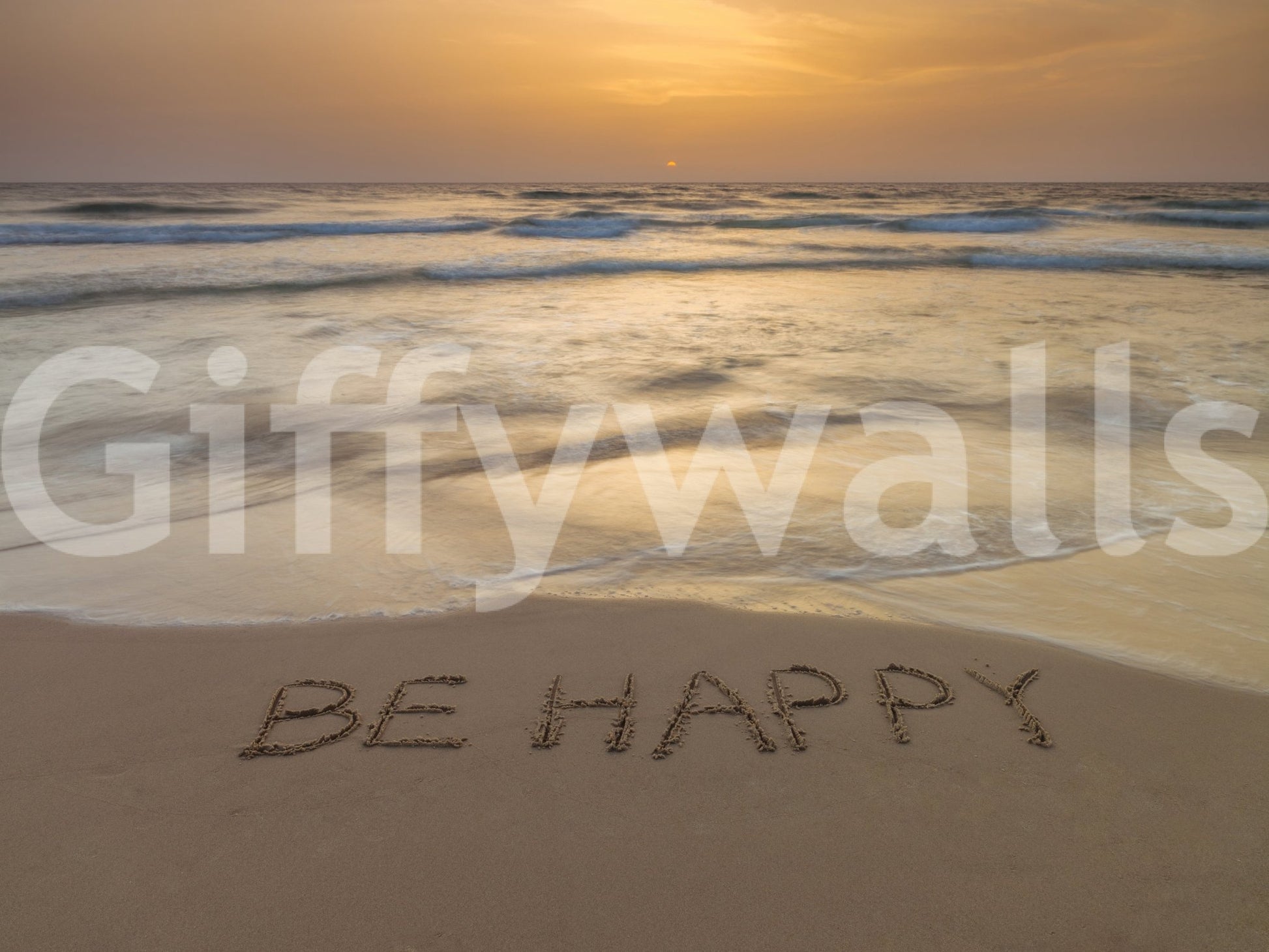 Calm beach mural with handwritten sand text

