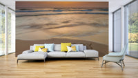 Wall mural of sunset beach with written words

