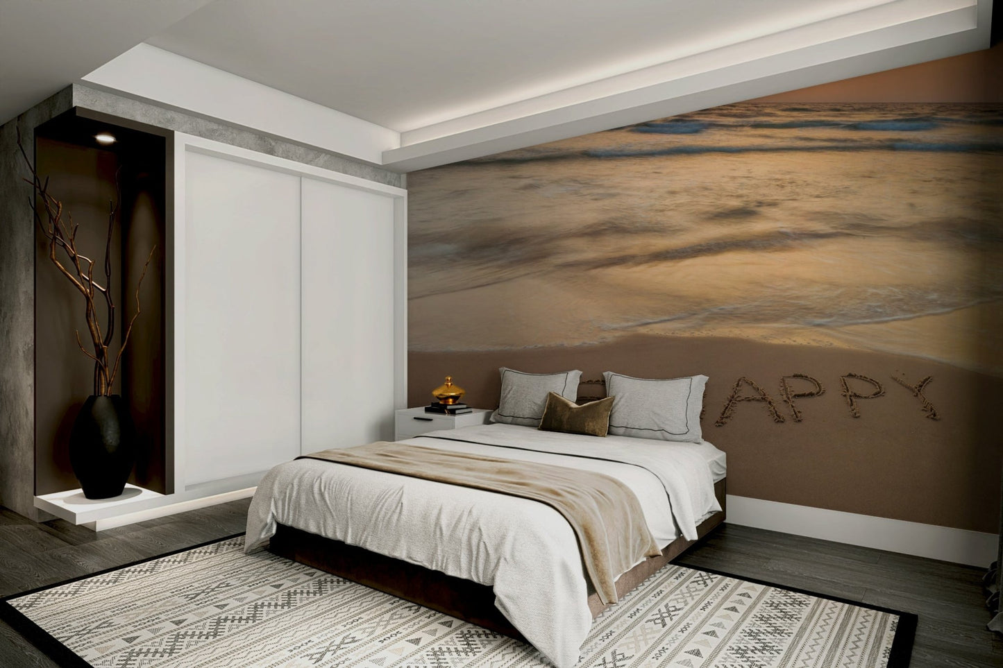 “Be Happy” in sand beach wall mural

