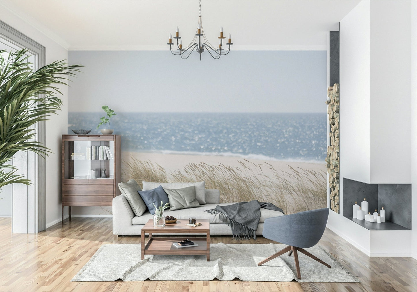 A serene coastal landscape wall mural for natural decor.
