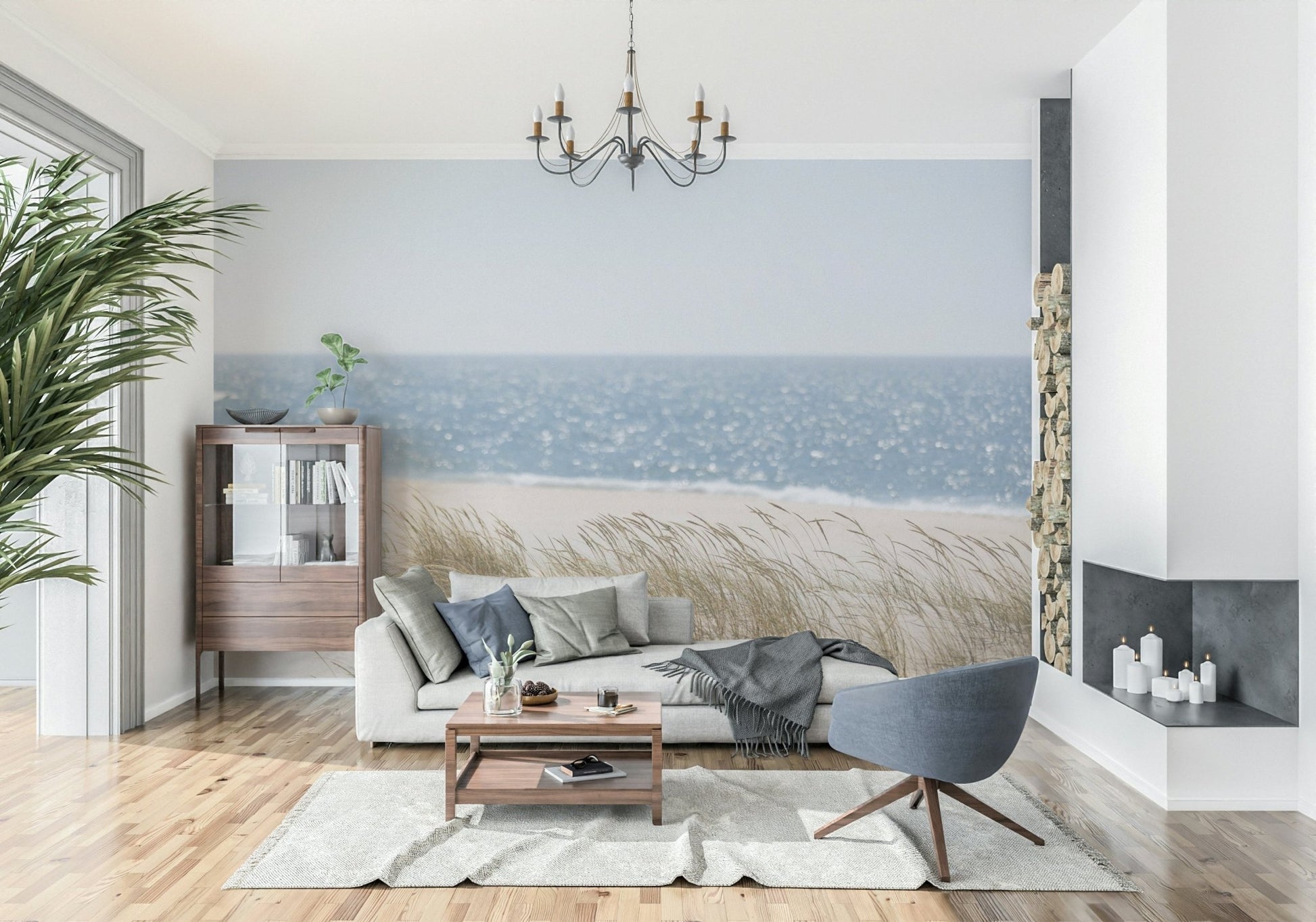 A serene coastal landscape wall mural for natural decor.