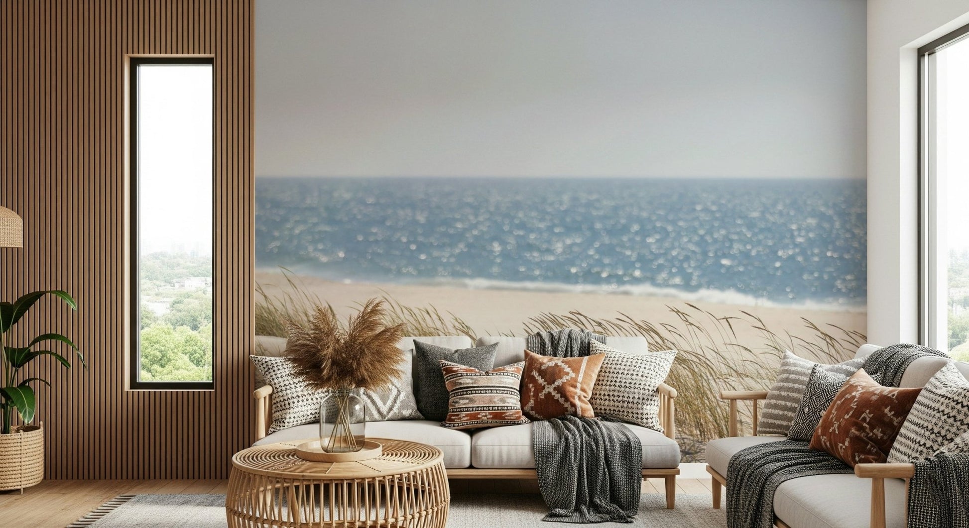 A beautiful subtle beach grass wallpaper mural with warm, sandy tones.