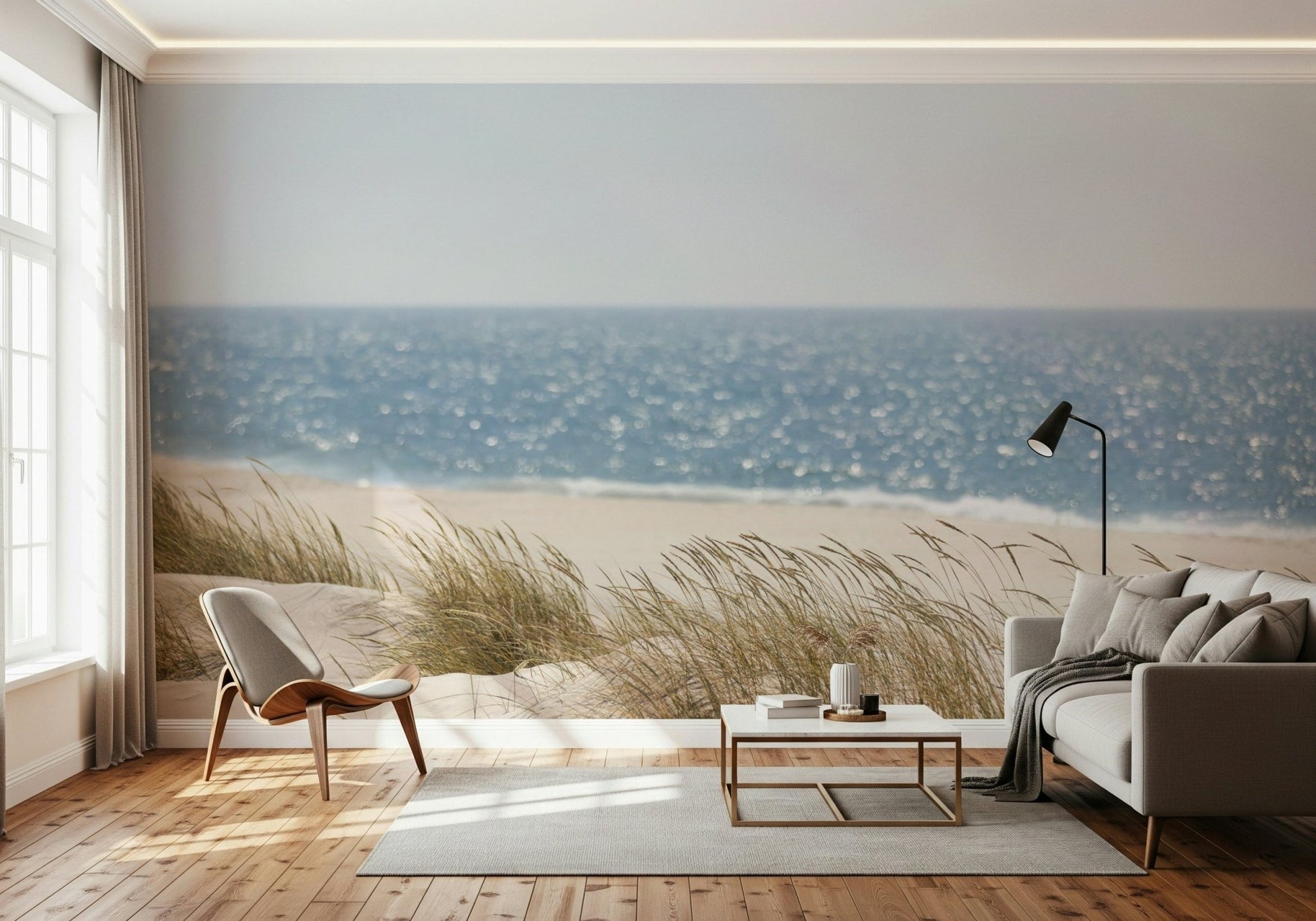 A calming serene view wallpaper mural that defines a space.