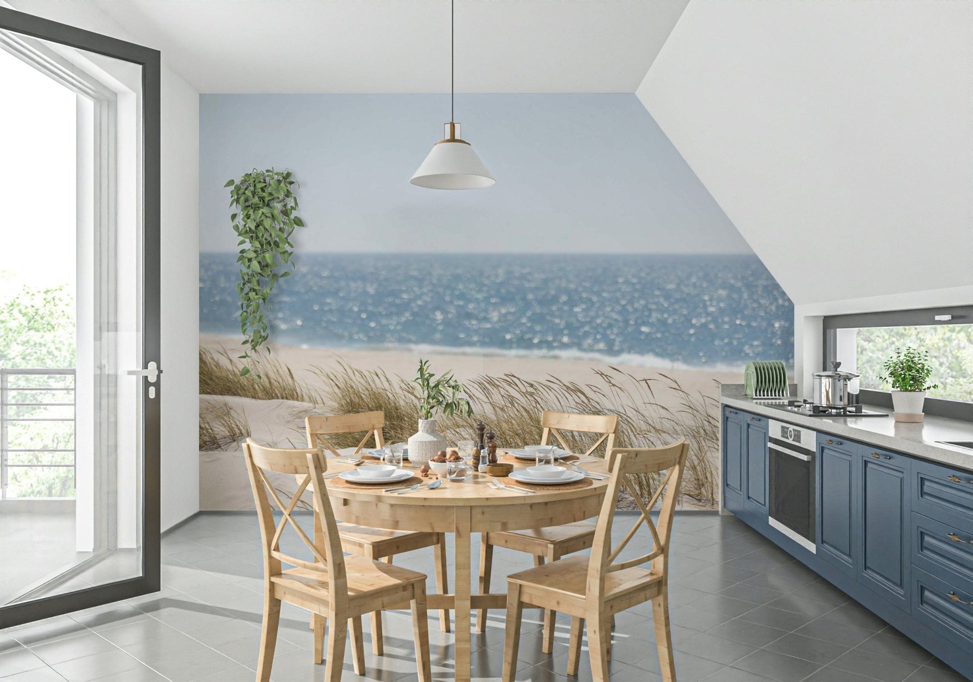A peaceful open country mural on decorative wallpaper.