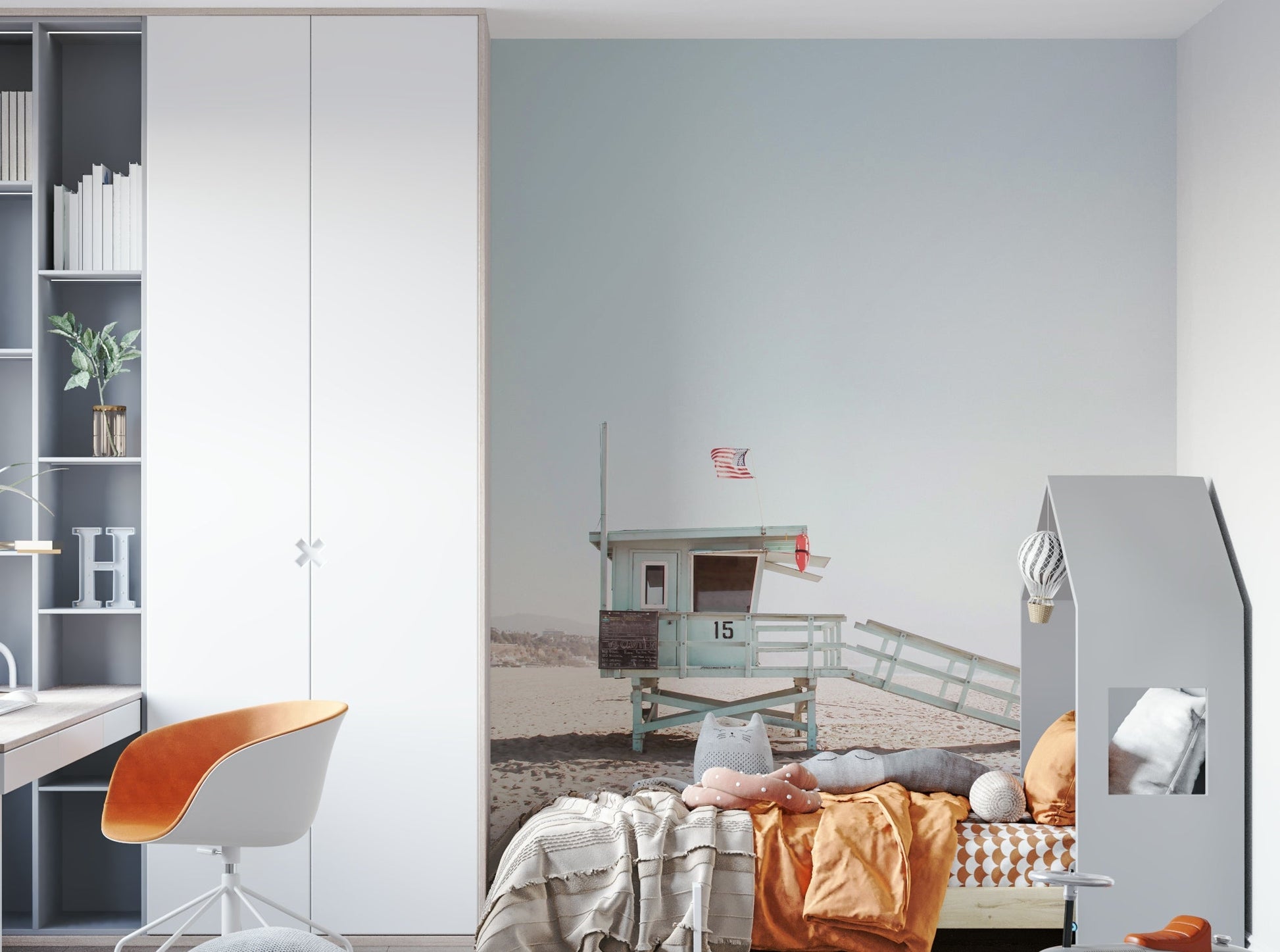 Iconic beach guard stand on sand.

