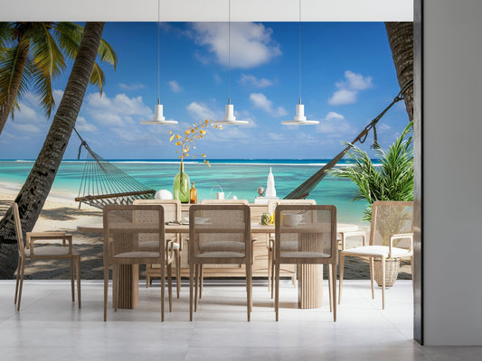 Beach Hammock Haven wall mural in a bright living room with seaside décor.