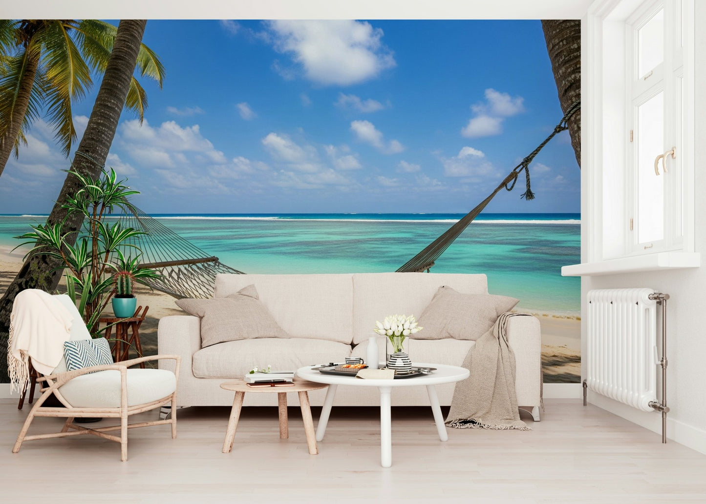 Exotic vacation style wall mural in a cozy reading nook with natural light., GD7811