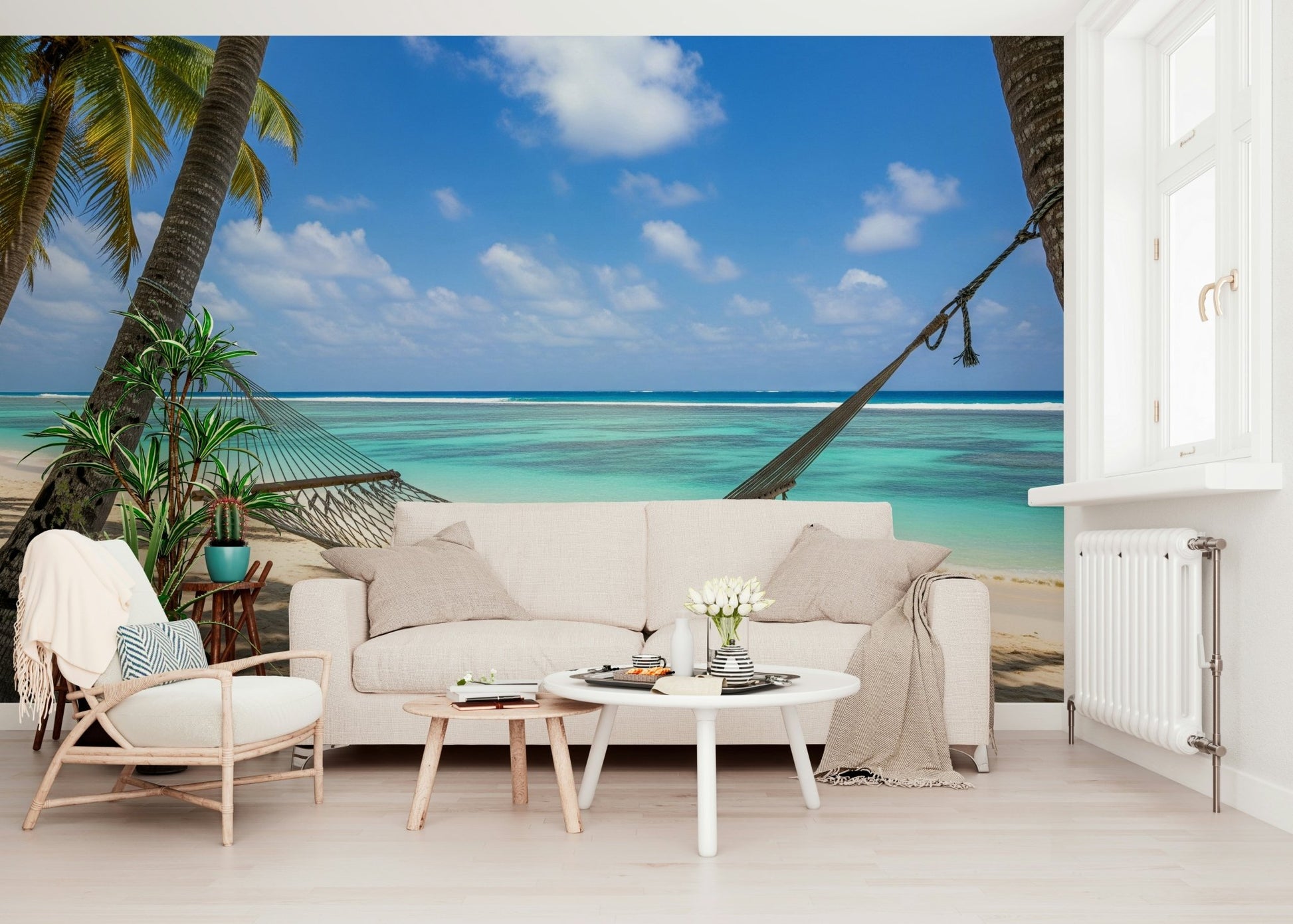 Exotic vacation style wall mural in a cozy reading nook with natural light., GD7811