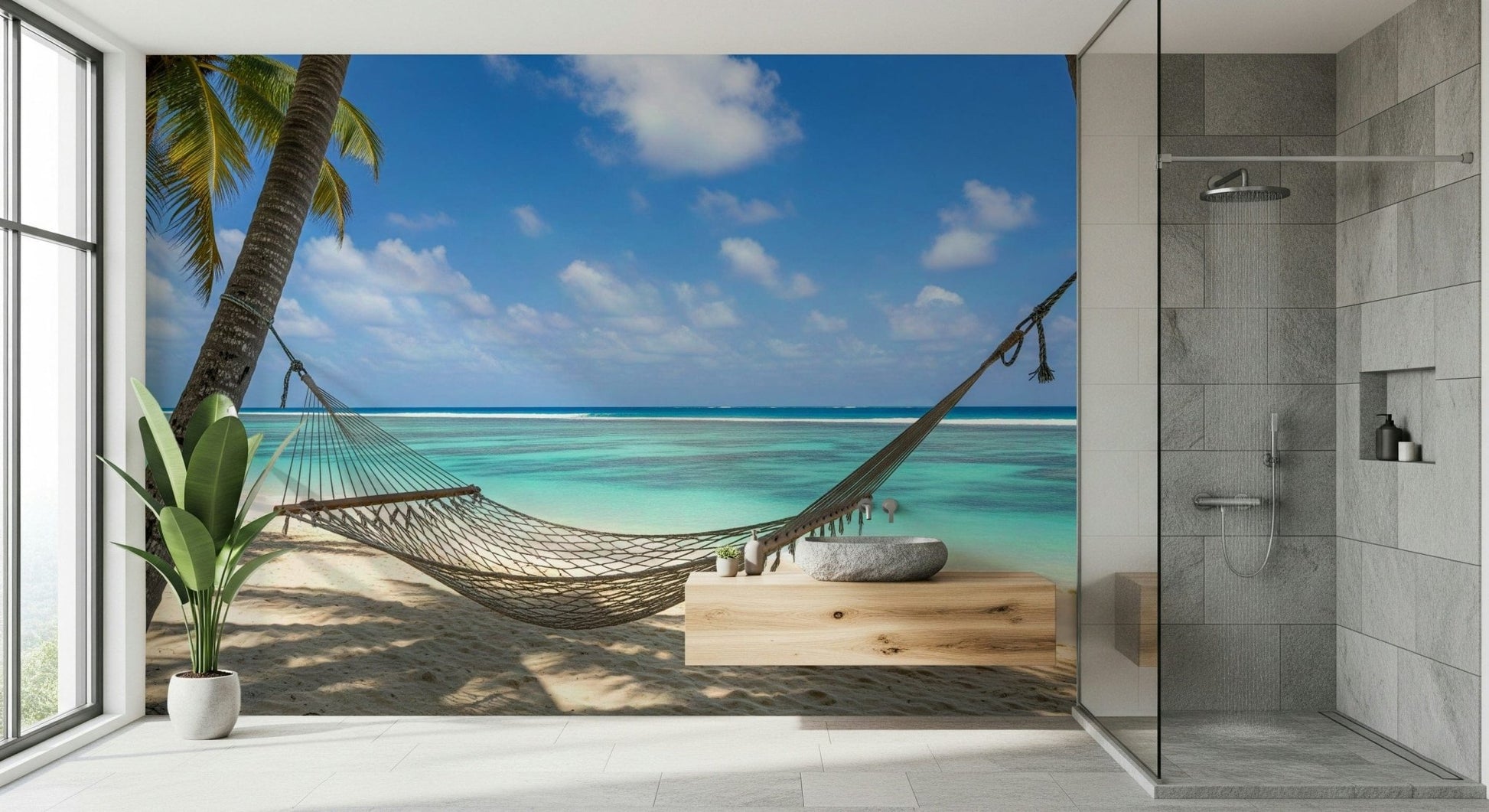 Beach Hammock Haven wall mural in a sunlit guest suite with white linen., GD7811