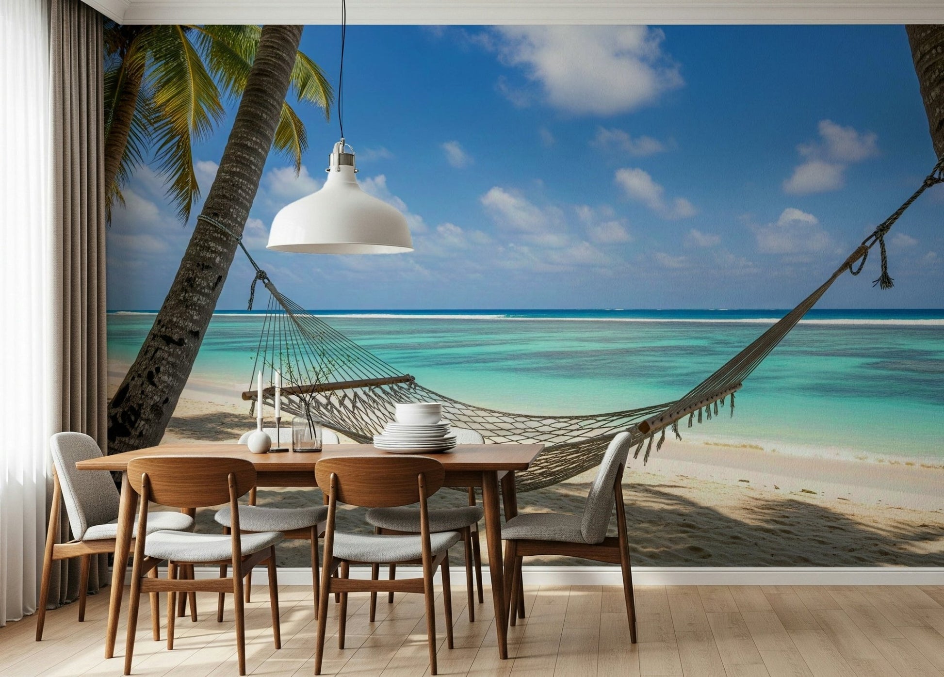 Palm tree and sandy shore wallpaper for a long hallway feature wall., GD7811