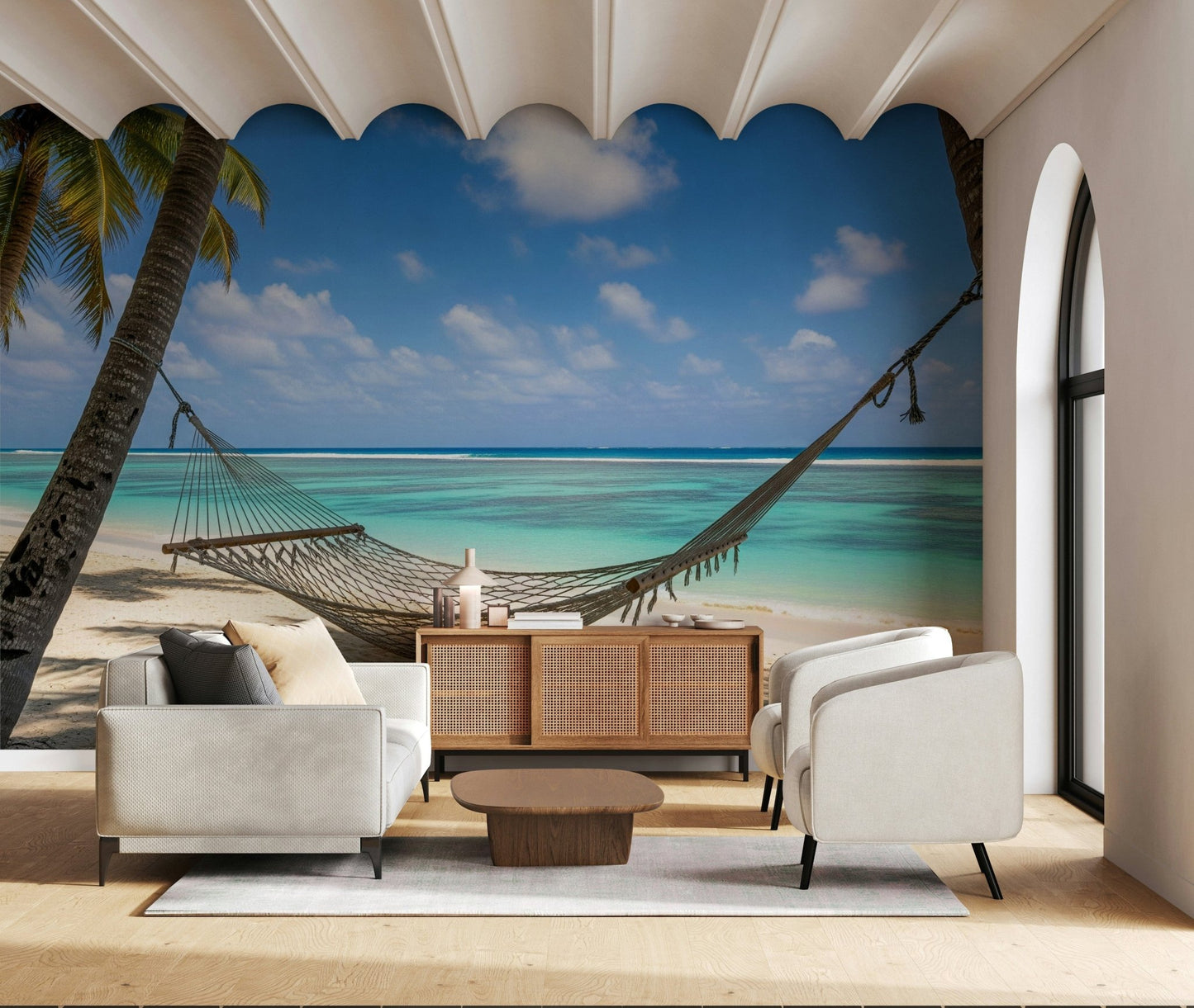 Coastal theme wall mural for a serene bedroom feature wall setup., GD7811