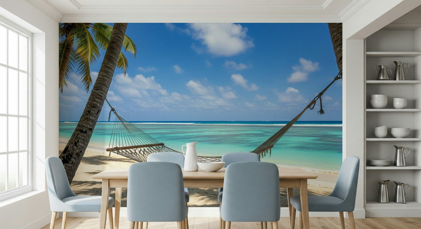 Seaside landscape wall mural in a contemporary dining space for a flat., GD7811