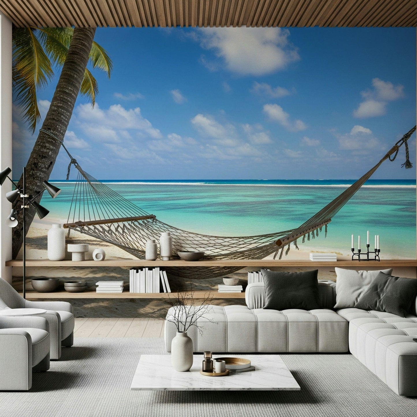 Tropical beach wallpaper with a hammock between palm trees for a bedroom., GD7811