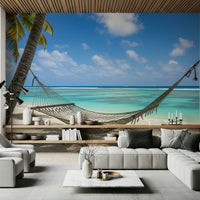 Tropical beach wallpaper with a hammock between palm trees for a bedroom., GD7811