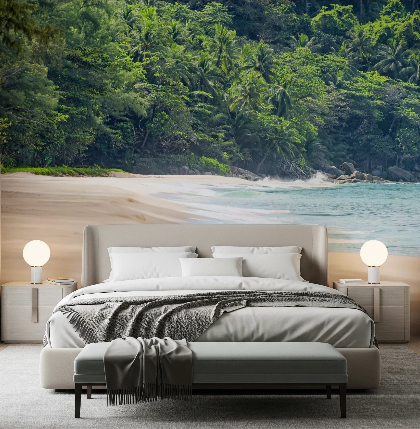 Beach Haven Wall Mural set behind a soft bedroom with sand and water meeting gently, GD8264