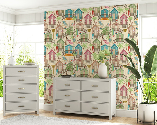 A beautiful beach huts wallpaper mural in vibrant coastal colors.