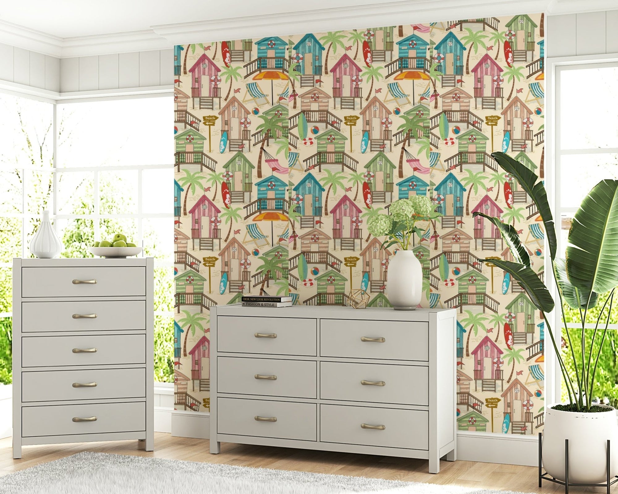 A beautiful beach huts wallpaper mural in vibrant coastal colors., GD5837