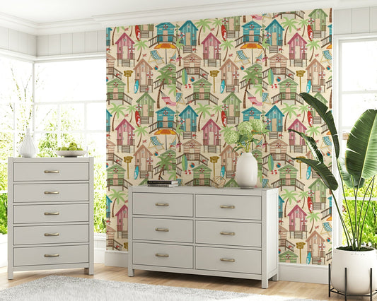 A beautiful beach huts wallpaper mural in vibrant coastal colors.
