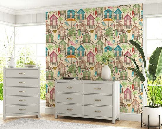 A beautiful beach huts wallpaper mural in vibrant coastal colors., GD5837