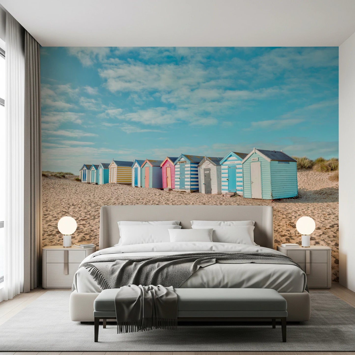 A calm Bedroom finished with Beach Huts on the Shore Wall Mural and sandy scenery, GD8871