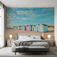 A calm Bedroom finished with Beach Huts on the Shore Wall Mural and sandy scenery, GD8871
